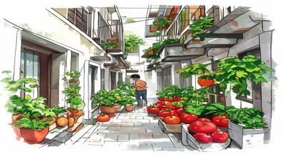 小区居民在楼道里分享自家种植的蔬菜水果，热情的邻居资源共享场景，生活气息浓郁