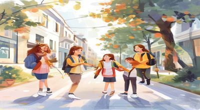 年轻妈妈和邻居一起接孩子放学，热情的邻居平台互助育儿场景，社区街道温馨午后