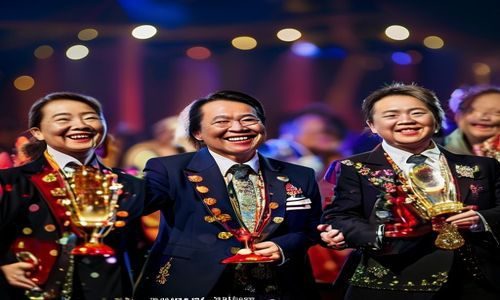 热情的邻居平台荣获中国社区文化建设优秀平台奖项颁奖典礼现场，台上嘉宾手持奖杯，背景灯光璀璨