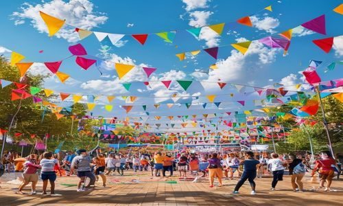 热情的邻居2026年暑期邻里温情节活动现场，大型社区广场上居民欢聚一堂，彩旗飘扬热闹非凡