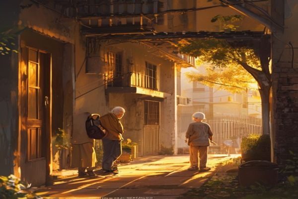 老奶奶在小区楼道里接受年轻邻居帮助，热情的邻居守望老人关怀场景，温暖黄昏光线充满人情味