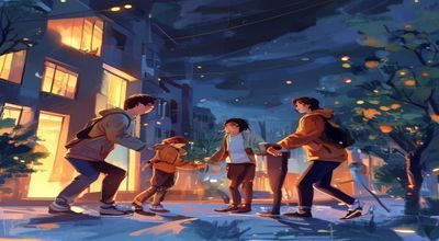 邻居在深夜帮助搬家的年轻人，热情的邻居紧急互助场景，城市夜晚温暖灯光下的守望